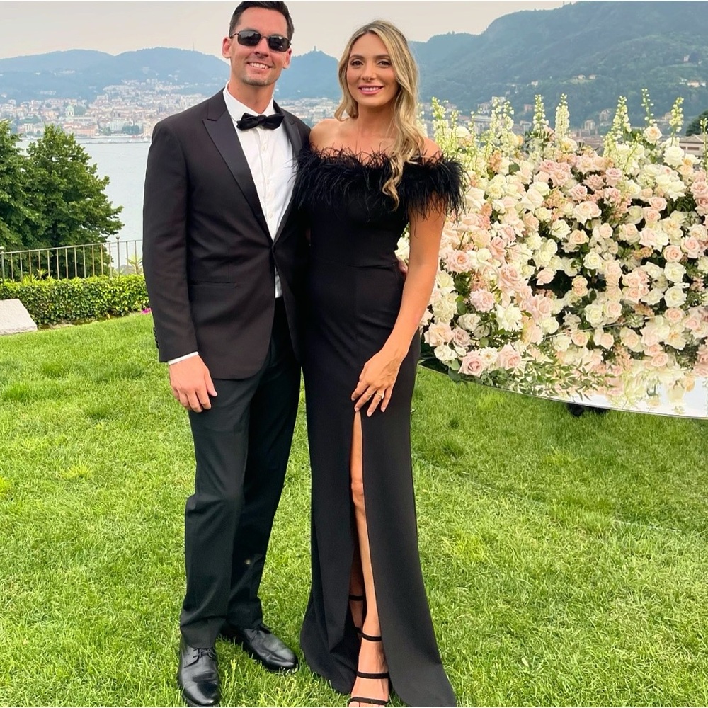 Black Strapless Feather Trim Front Slit Long Dress